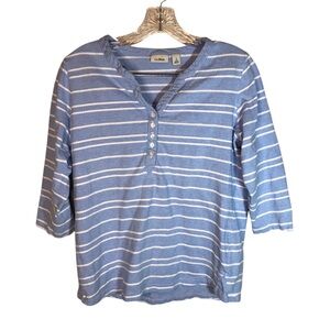 L.L. Bean women popover top S blue white stripe 3/4 sleeve cotton nautical
